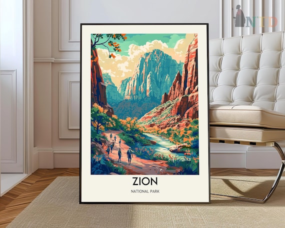 Zion National Park Utah Red Cliffs Canyon Vintage Travel Poster