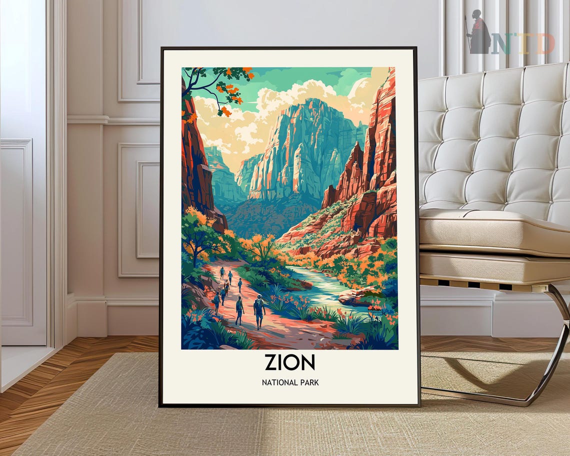 Zion National Park Utah Red Cliffs Canyon Vintage Travel Poster
