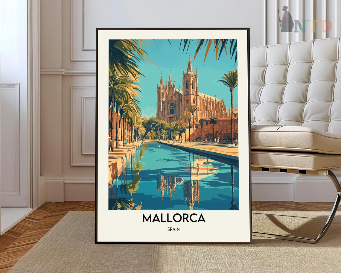 Mallorca Cathedral Palm Waterfront Spain Travel Illustration Poster