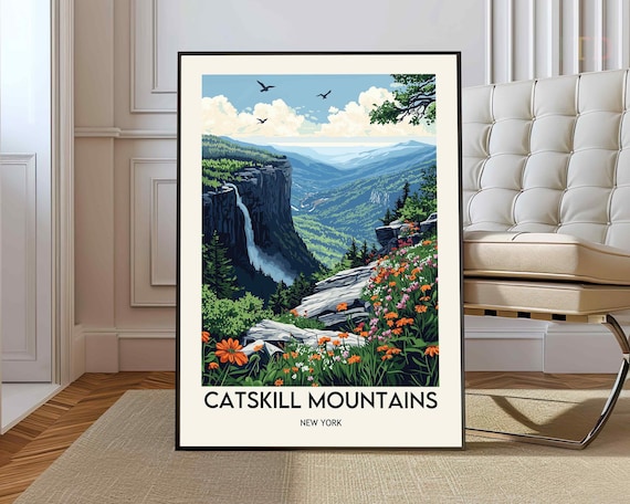 Catskill Mountains New York Waterfall Wildflowers Vista Travel Poster