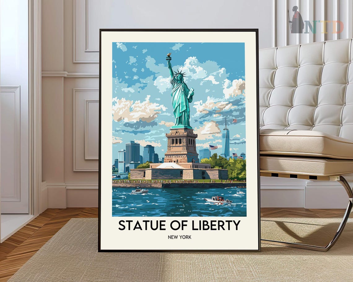 Statue Of Liberty New York Harbor Boats Skyline Travel Poster