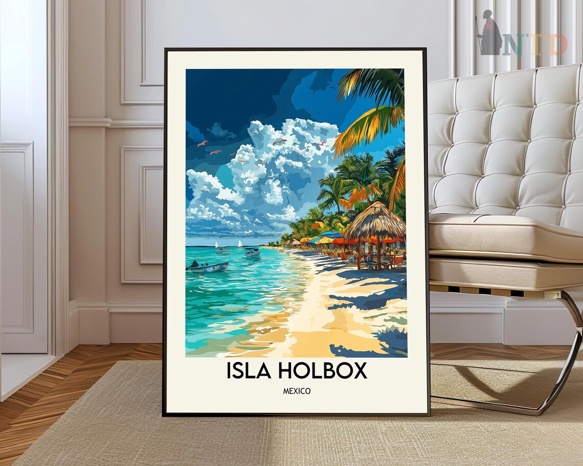 Isla Holbox Mexico Vintage Travel Art Beach Palapas Under Clouded Sky Poster