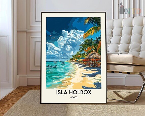 Isla Holbox Mexico Vintage Travel Art Beach Palapas Under Clouded Sky Poster