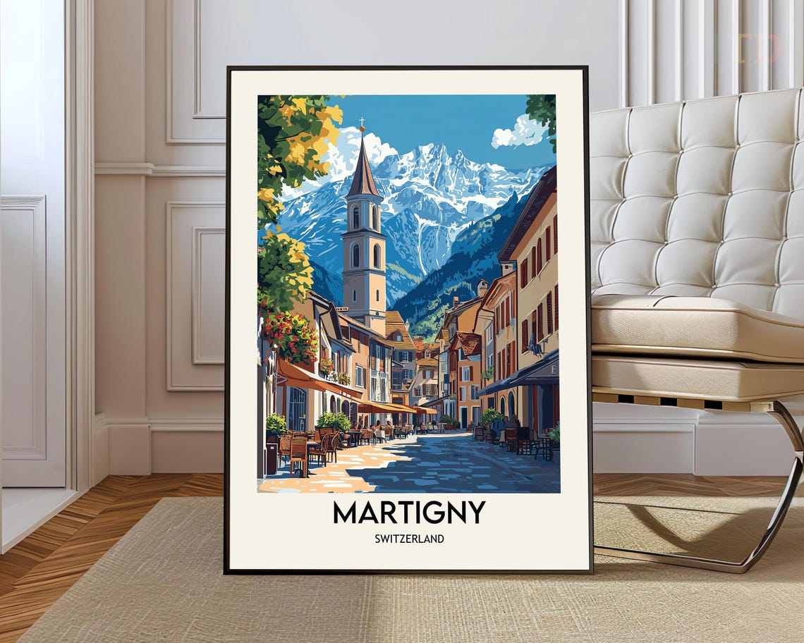 Martigny Switzerland Vintage Alpine Street Scene Travel Poster