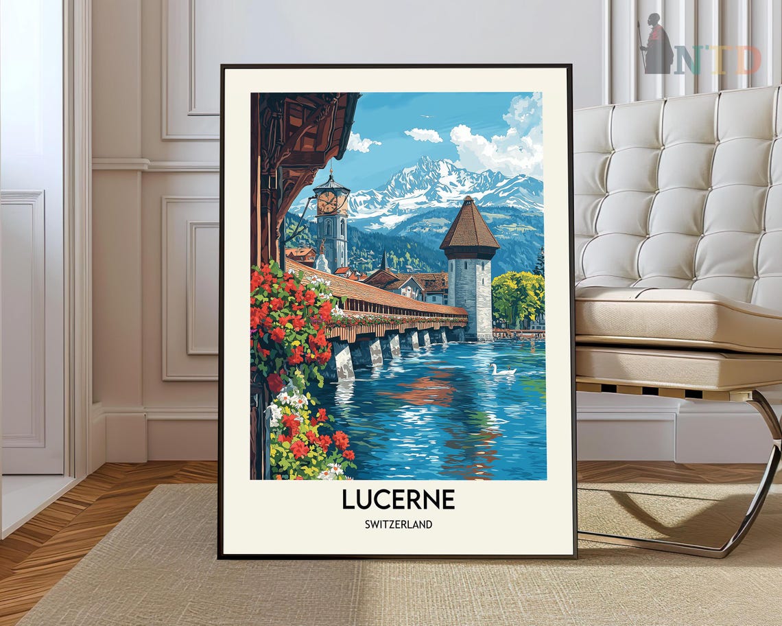 Lucerne Switzerland Chapel Bridge and Lake Vintage Travel Poster