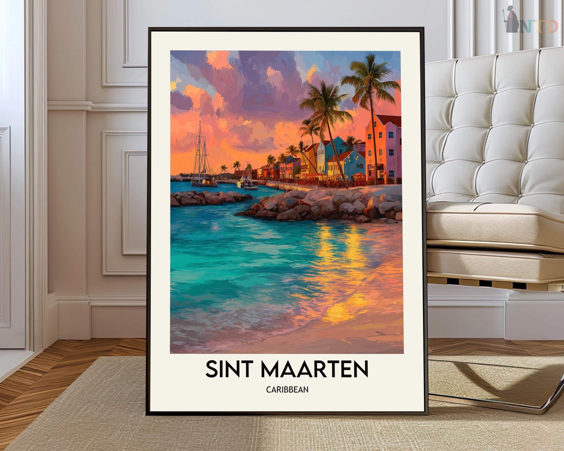 Sint Maarten Caribbean Sunset Harbor Waterfront Travel Poster
