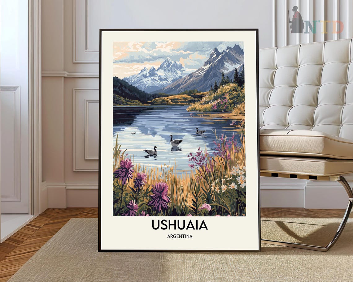 Ushuaia Argentina Alpine Lake Mountain Illustration Travel Poster