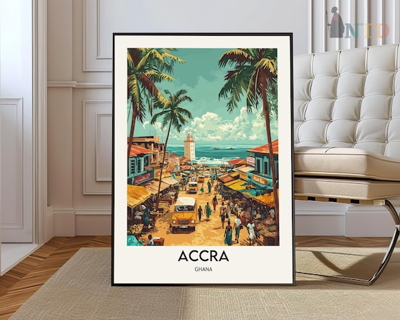 Accra Ghana Lively Market Street Tall Palms Ocean View Travel Poster