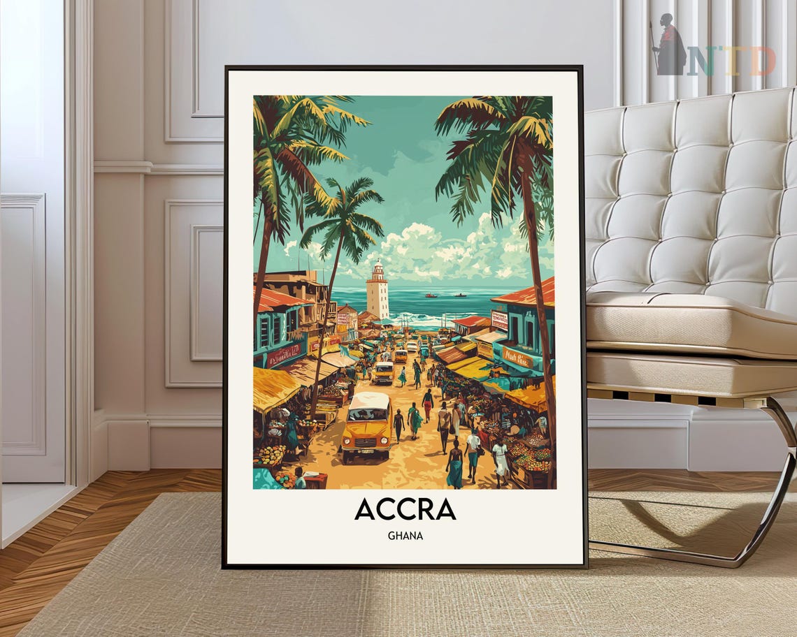 Accra Ghana Lively Market Street Tall Palms Ocean View Travel Poster