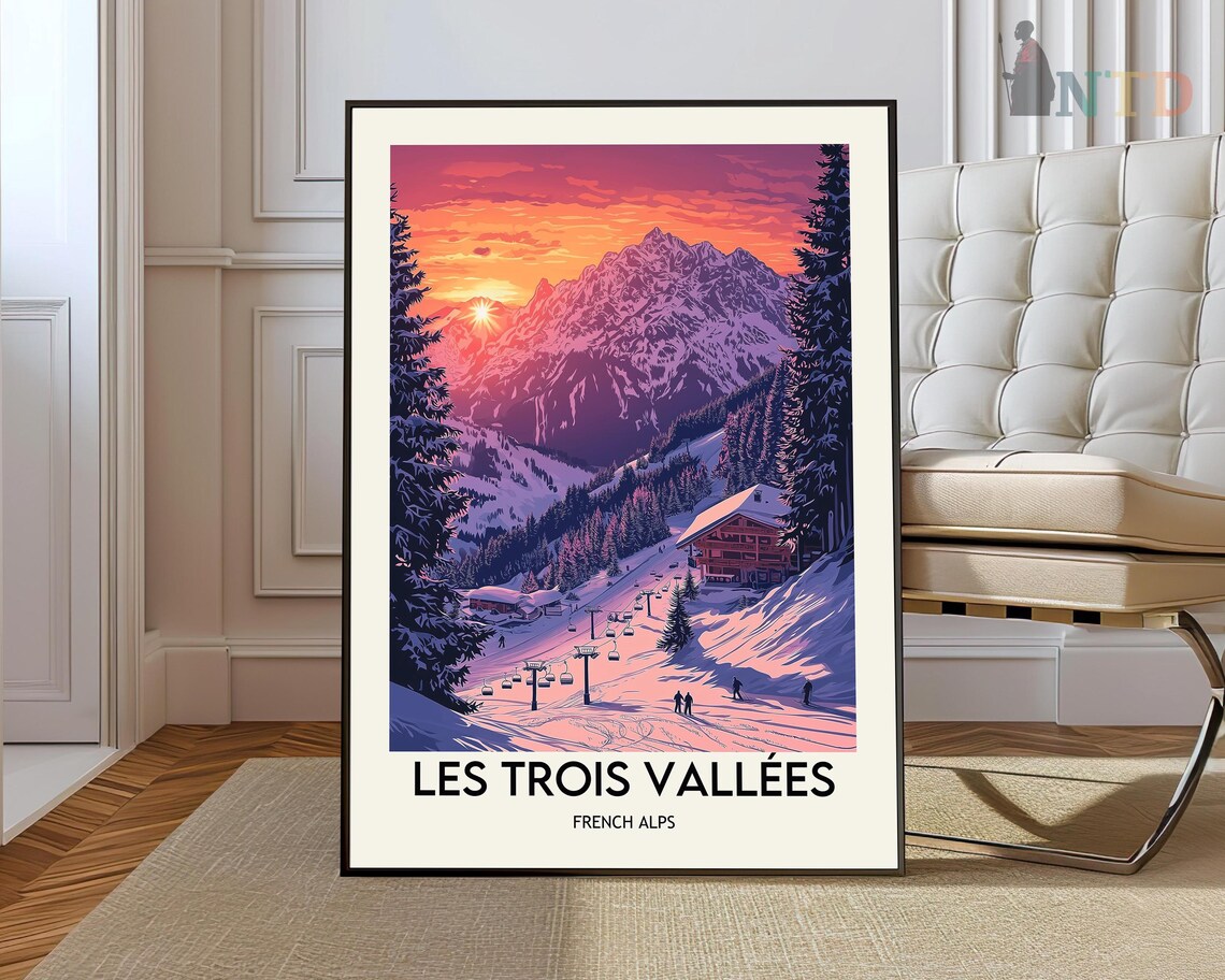 Les Trois Vallees Ski Resort Sunset French Alps Vintage Travel Poster