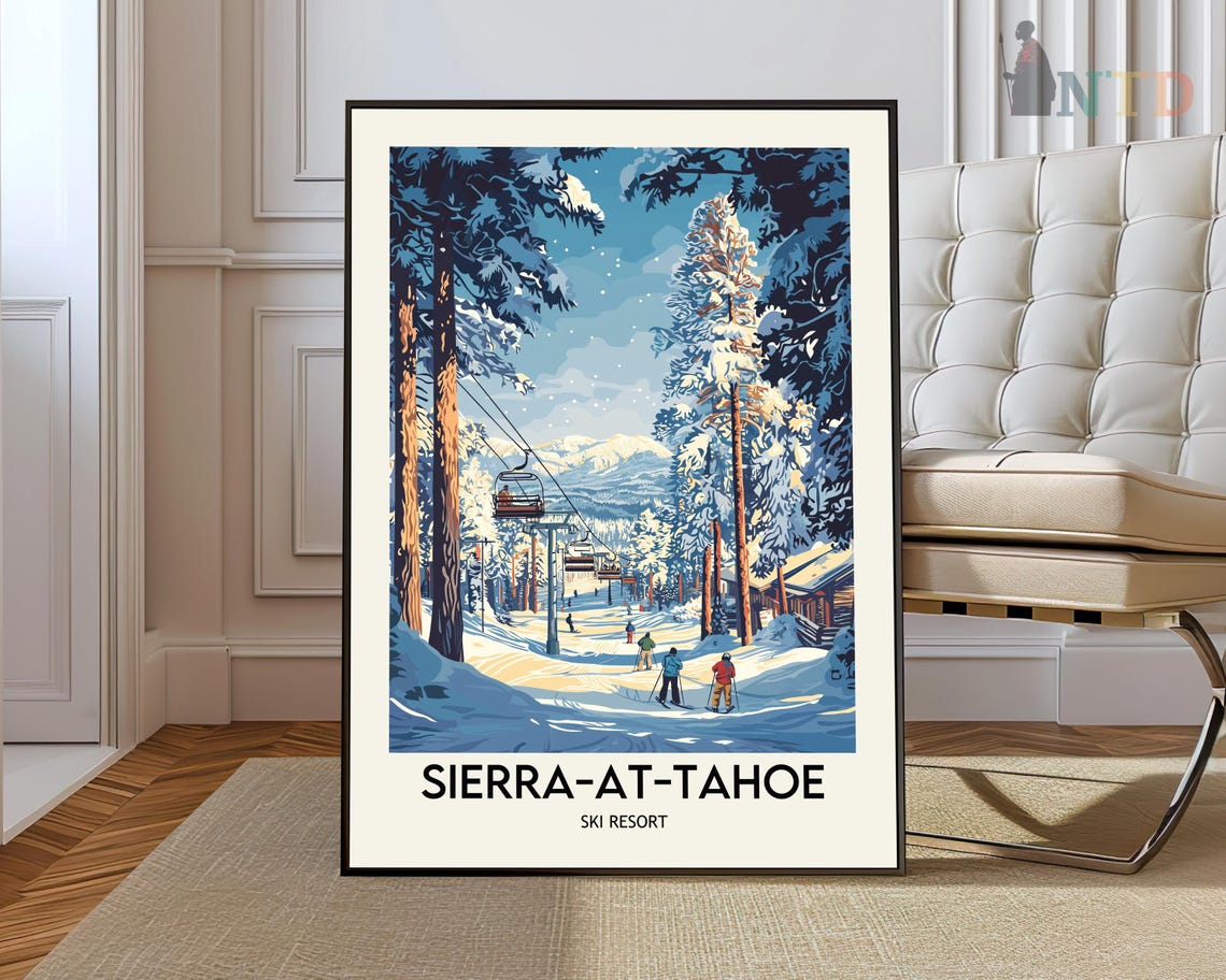 Sierra at Tahoe Ski Resort Snowy Pines Retro Travel Art Poster