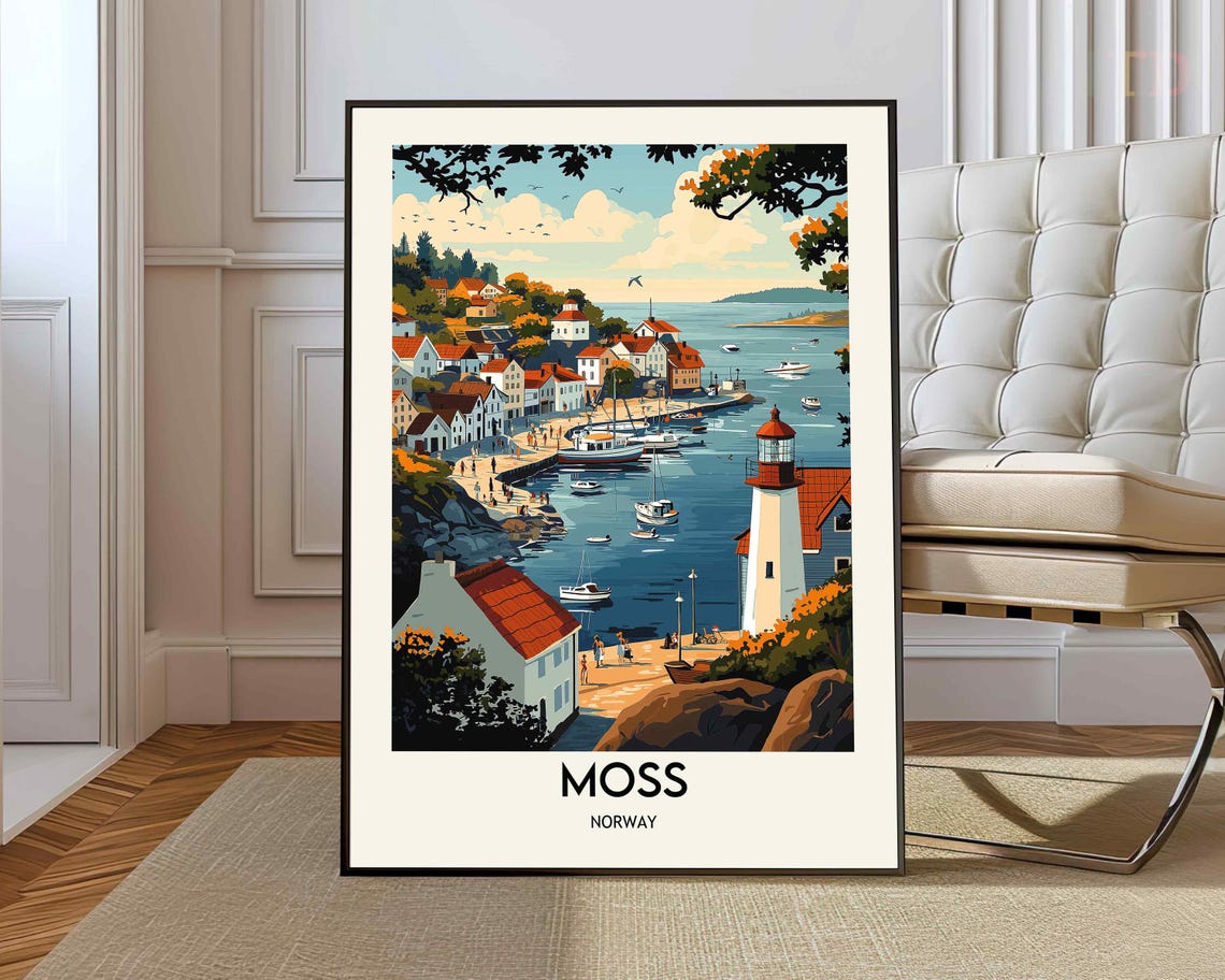 Moss Norway Harbor Lighthouse Coastal Town Vintage Travel Poster