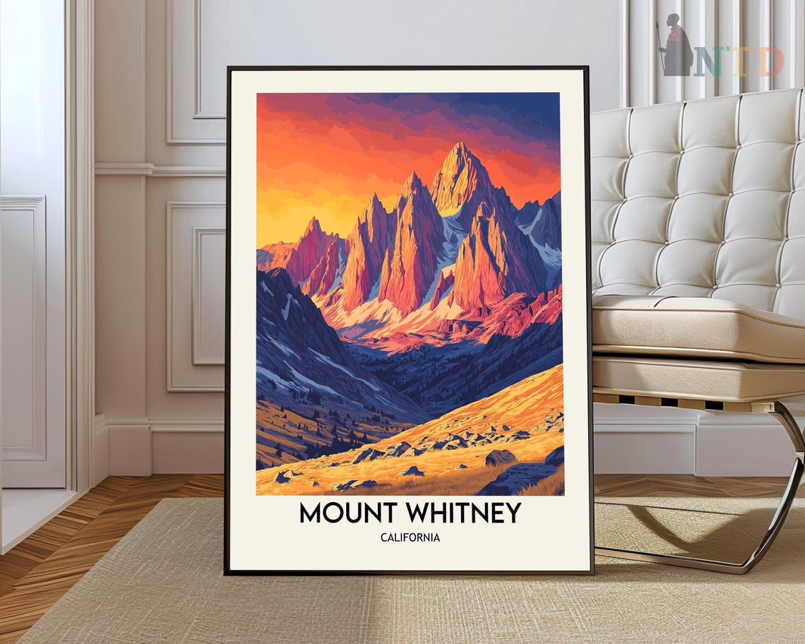 Mount Whitney California Alpenglow Peaks Dramatic Sunset Travel Poster