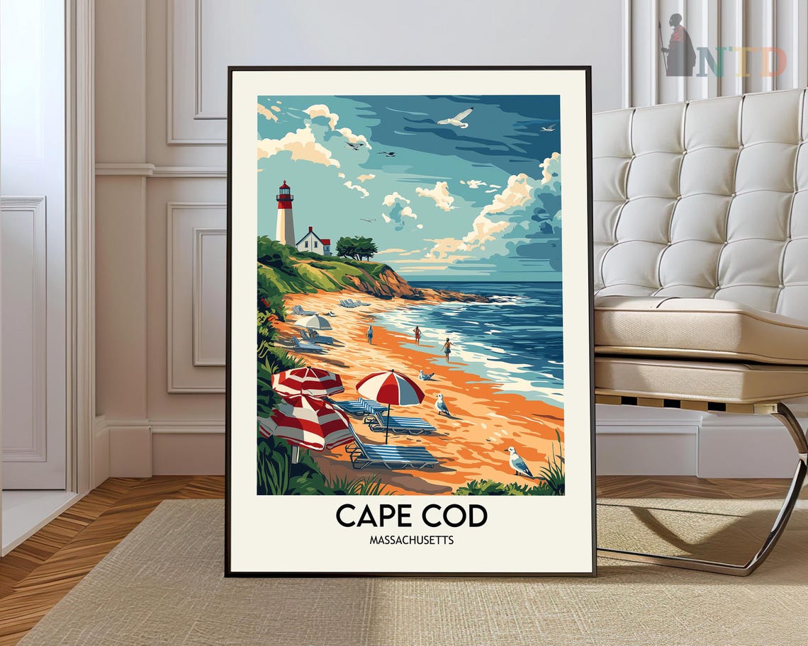 Cape Cod Massachusetts Lighthouse Beach Umbrellas Travel Poster