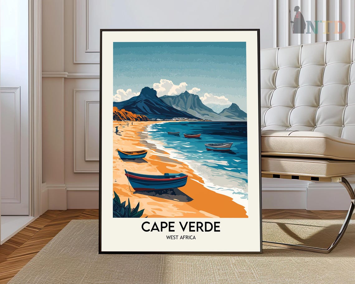 Cape Verde West Africa Fishing Boats Beach Mountain View Poster