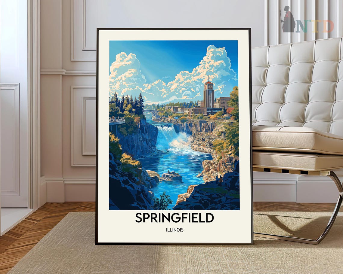Springfield Illinois River Falls Clock Tower Scenic Travel Poster
