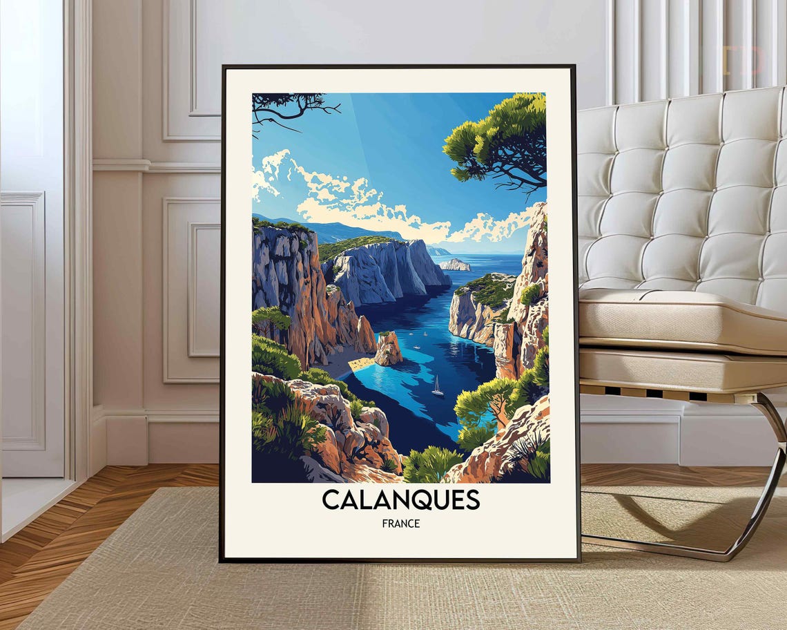 Calanques France White Cliffs Turquoise Cove Sailboat Poster