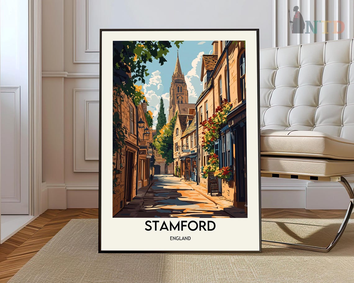 Stamford Stone High Street Church Spire England Vintage Travel Poster