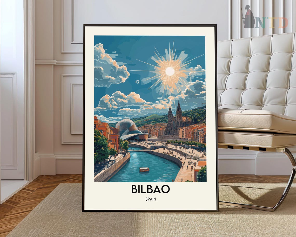 Bilbao Spain Riverside Guggenheim Museum Vintage Travel Poster