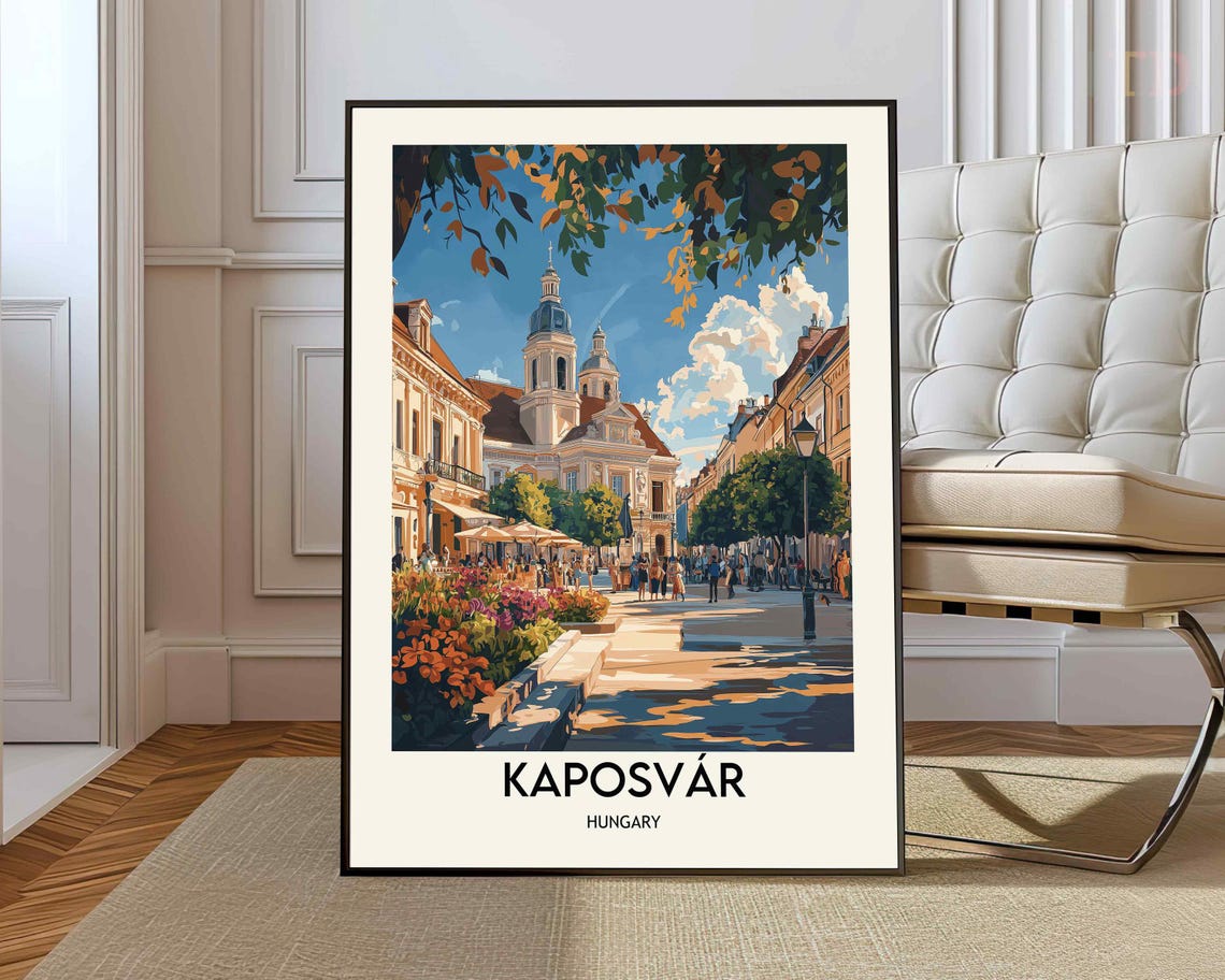 Kaposvár Hungary Cathedral Plaza Vintage Retro Travel Poster