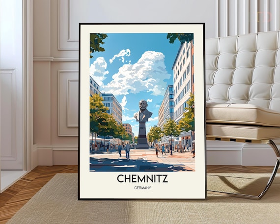 Chemnitz Germany Vintage Travel Poster Famous Karl Marx Monument Square