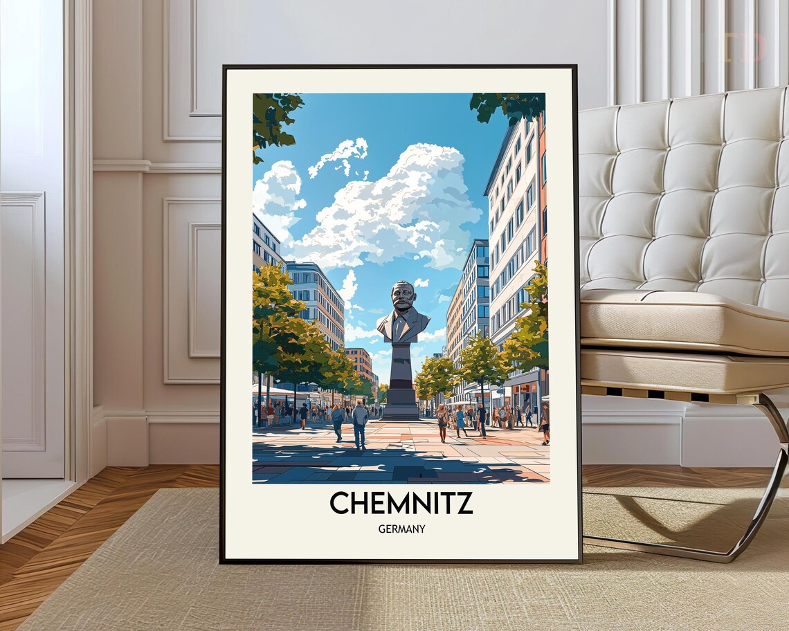 Chemnitz Germany Vintage Travel Poster Famous Karl Marx Monument Square