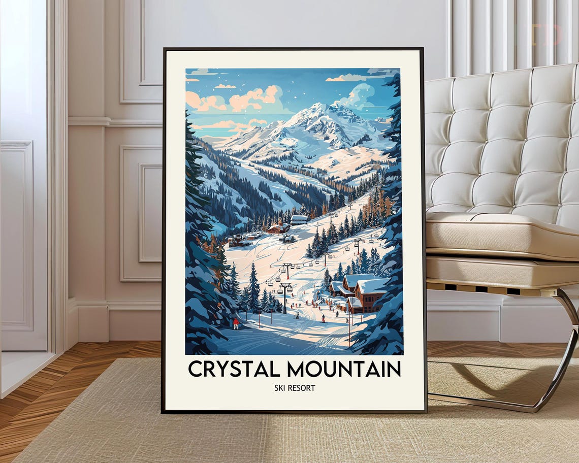 Crystal Mountain Ski Resort Chairlifts Vintage Travel Poster