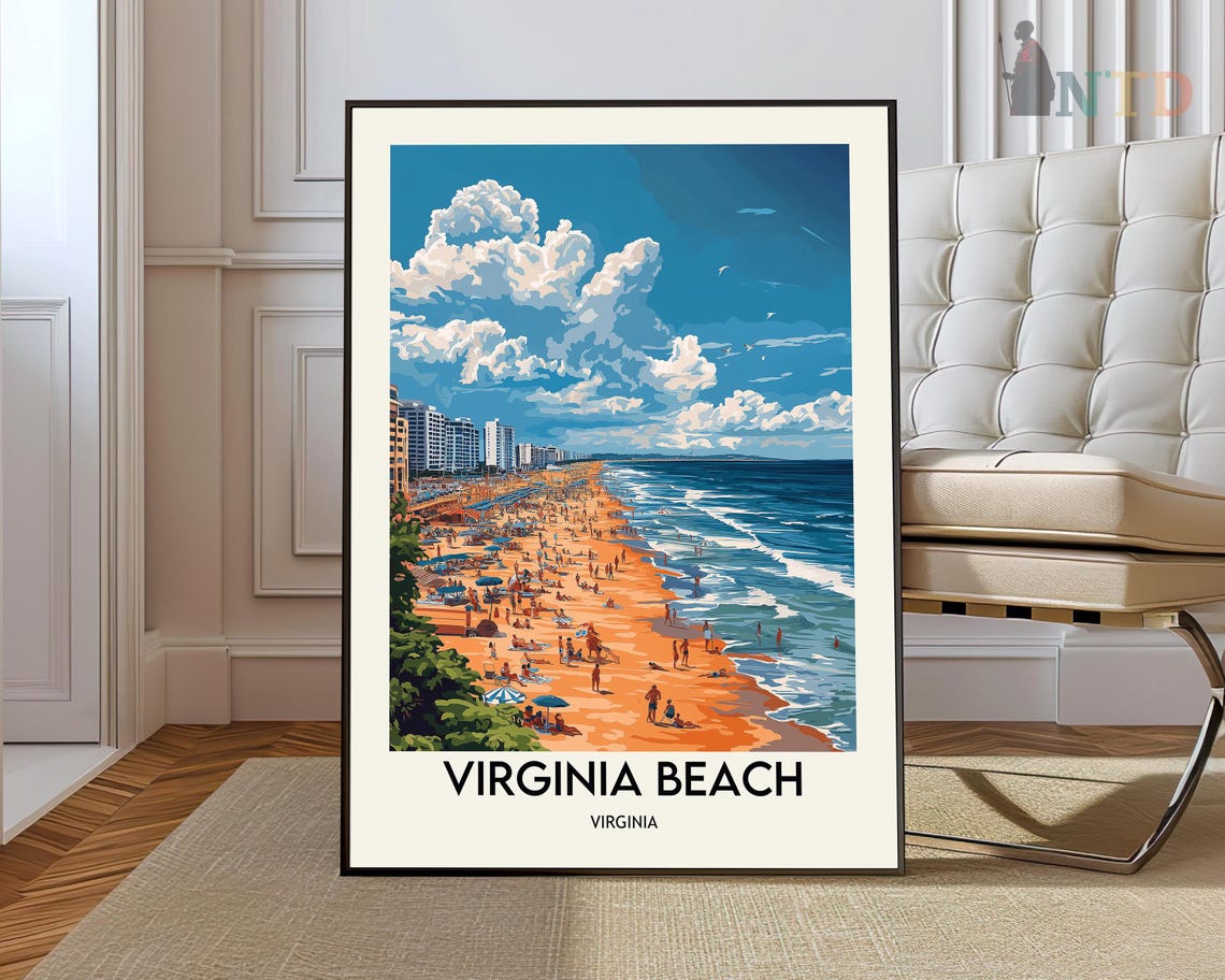 Virginia Beach Virginia Boardwalk Crowd Shore Vintage Travel Poster