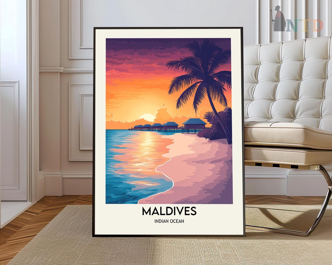 Maldives Indian Ocean Sunset Beach Overwater Bungalows Palm Poster