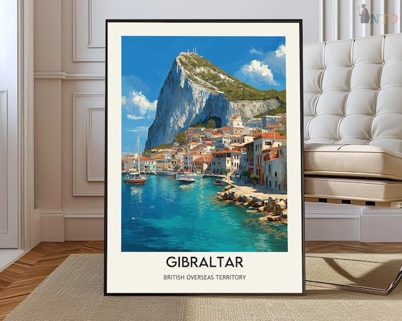 Gibraltar Rock Close-Up View Harbor Boats British Overseas Territory Travel Poster