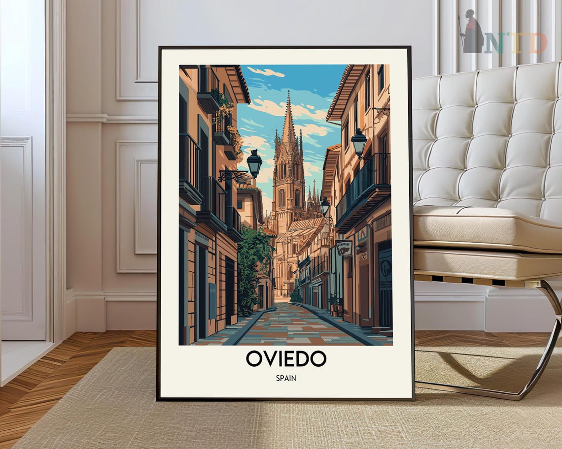 Oviedo Spain Cathedral Old Town Street Vintage Travel Art Poster