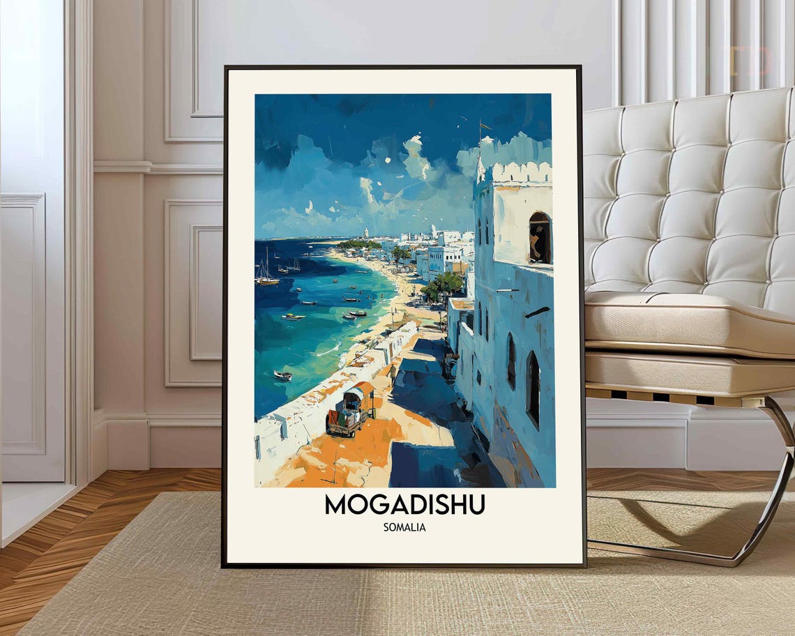 Mogadishu Somalia Coastal Street Watercolor Old Town Travel Poster