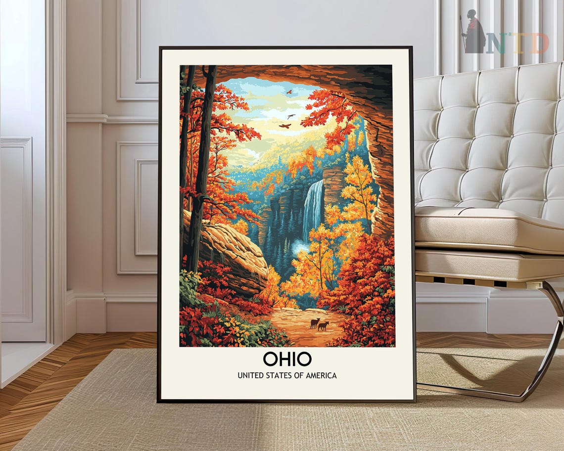 Ohio Waterfall Autumn Forest Gorge Fall Foliage Deer Travel Poster