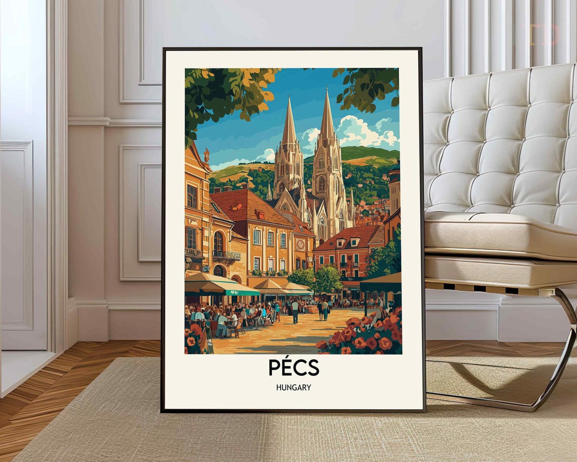 Pécs Hungary Twin Spired Cathedral Old Town Square Travel Poster
