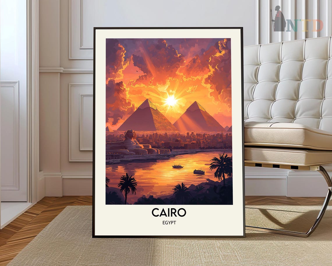 Cairo Sunrise Over the Pyramids and the Nile with Palm Trees Poster