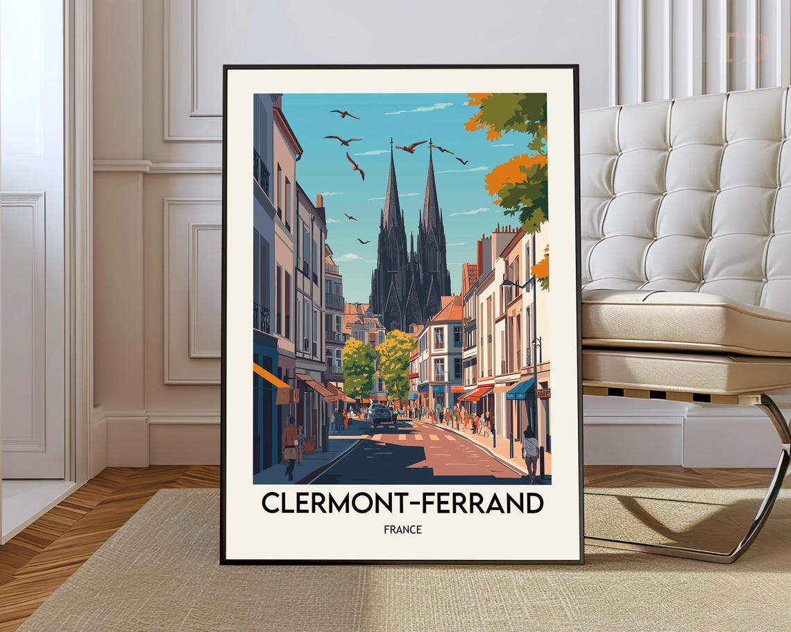 Clermont Ferrand France Cathedral Street Vintage Travel Poster