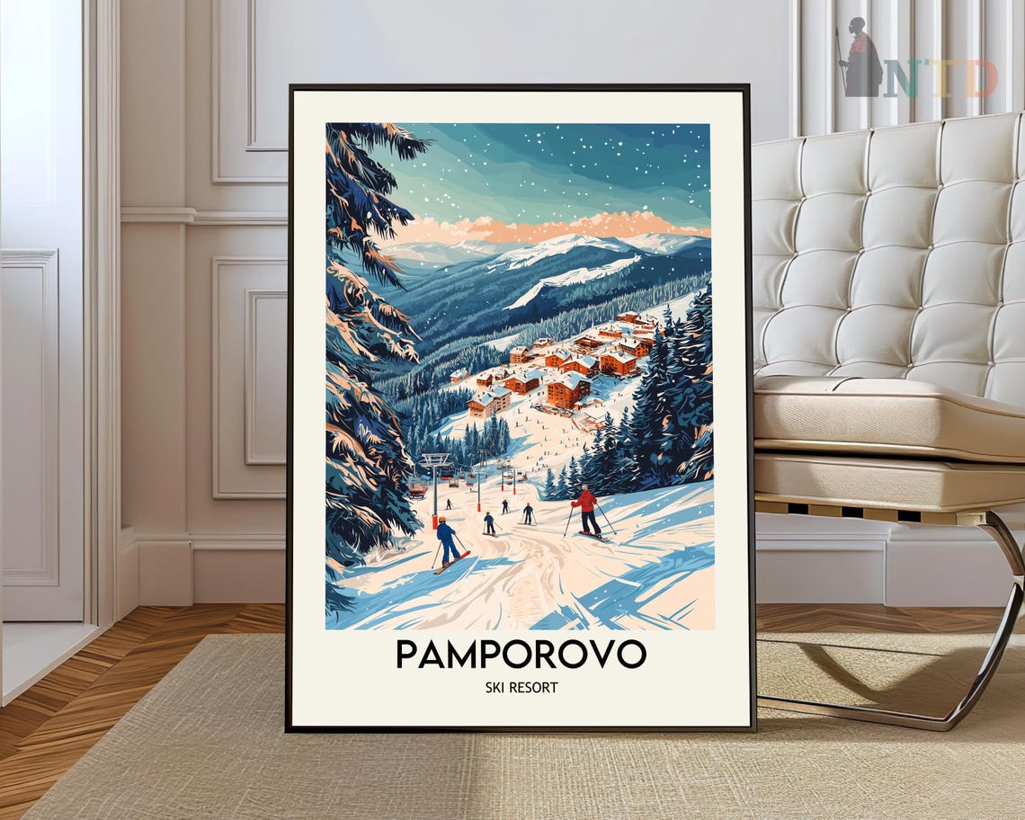Pamporovo Ski Resort Evening Skiers Alpine Village Lights Poster