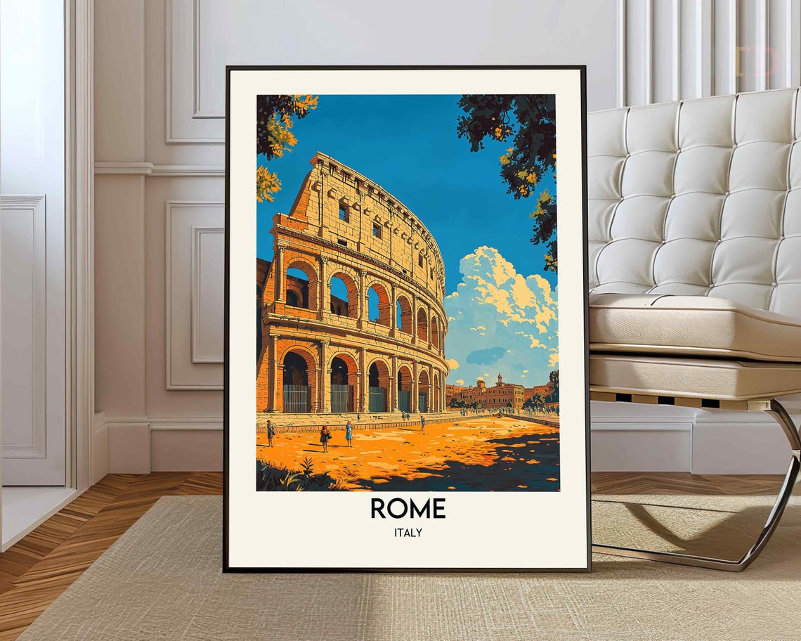 Rome Italy Colosseum Ancient Amphitheater Daytime Blue Sky Poster