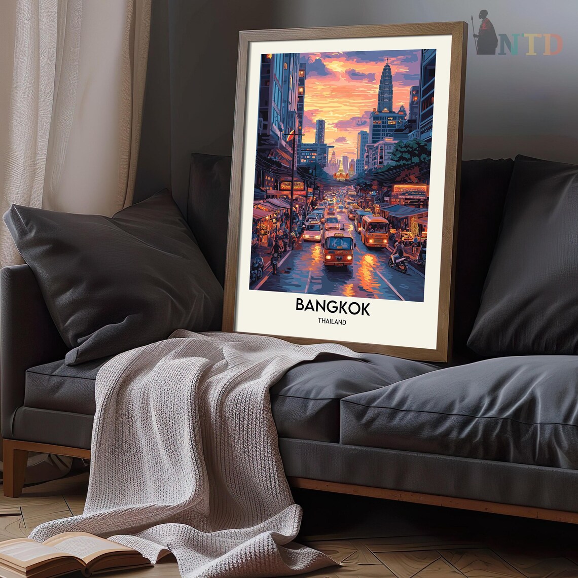 Bangkok Neon Street Night with Tuk Tuks Temple Scene Travel Poster - Image 3