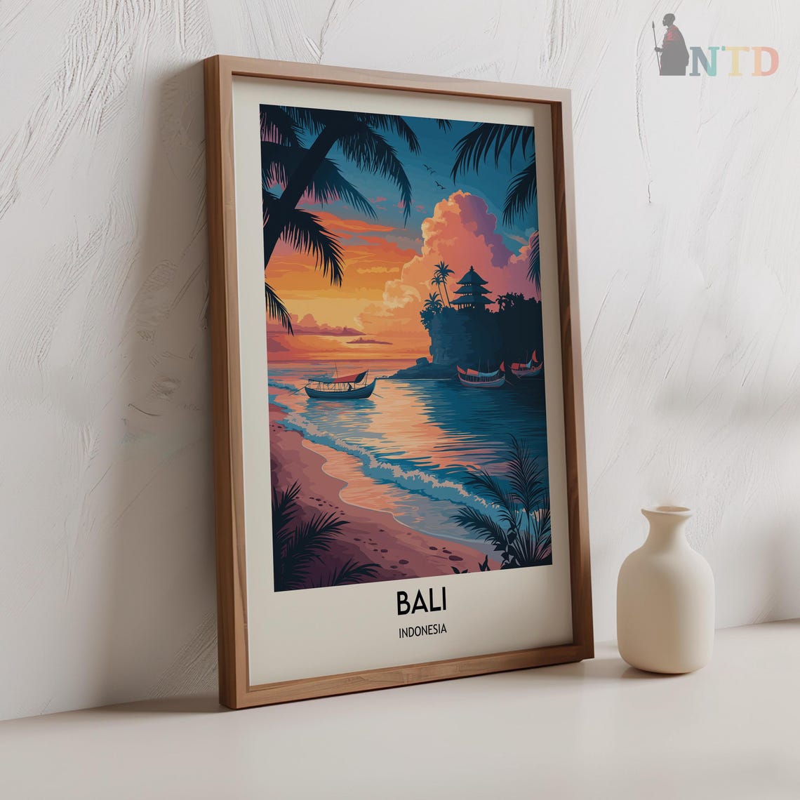 Bali Sunset Beach Palms Boats Cliff Temple Scene Travel Poster - Image 2