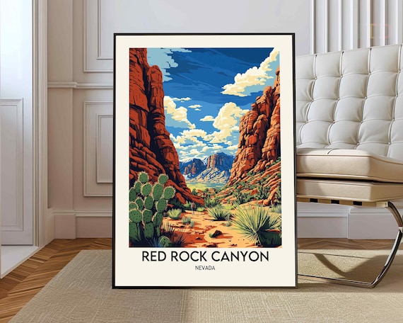 Red Rock Canyon Nevada Prickly Pear Cactus Cliffs Travel Poster