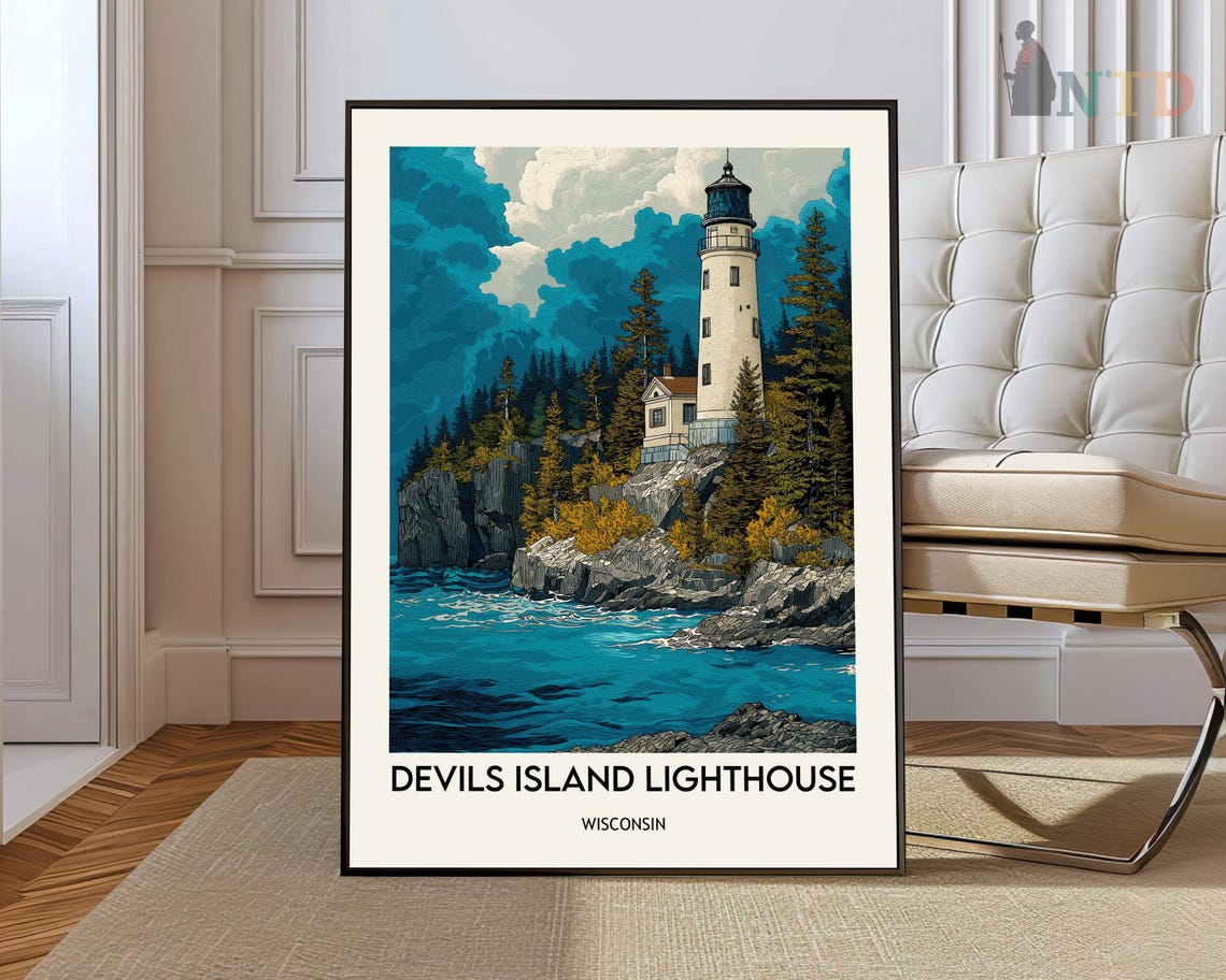 Devils Island Lighthouse Moody Storm Clouds Wisconsin Lake Poster