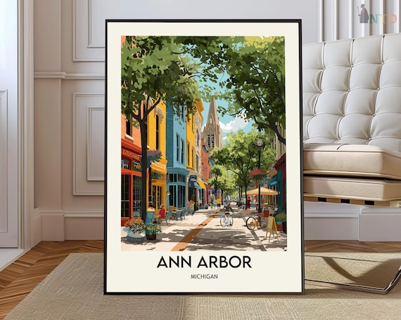 Ann Arbor Michigan Colorful Downtown Street Bikes Travel Poster