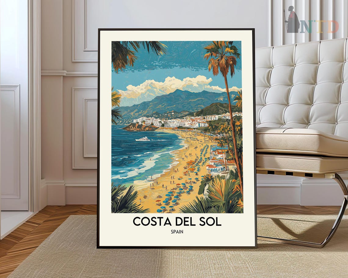 Costa Del Sol Spain Golden Beach Palms Vintage Travel Poster