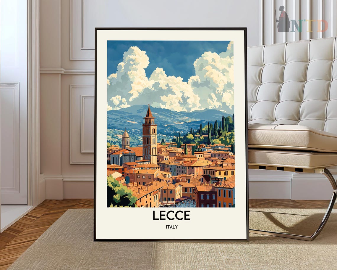 Lecce Italy Vintage Travel Artwork Poster Old Town Bell Tower