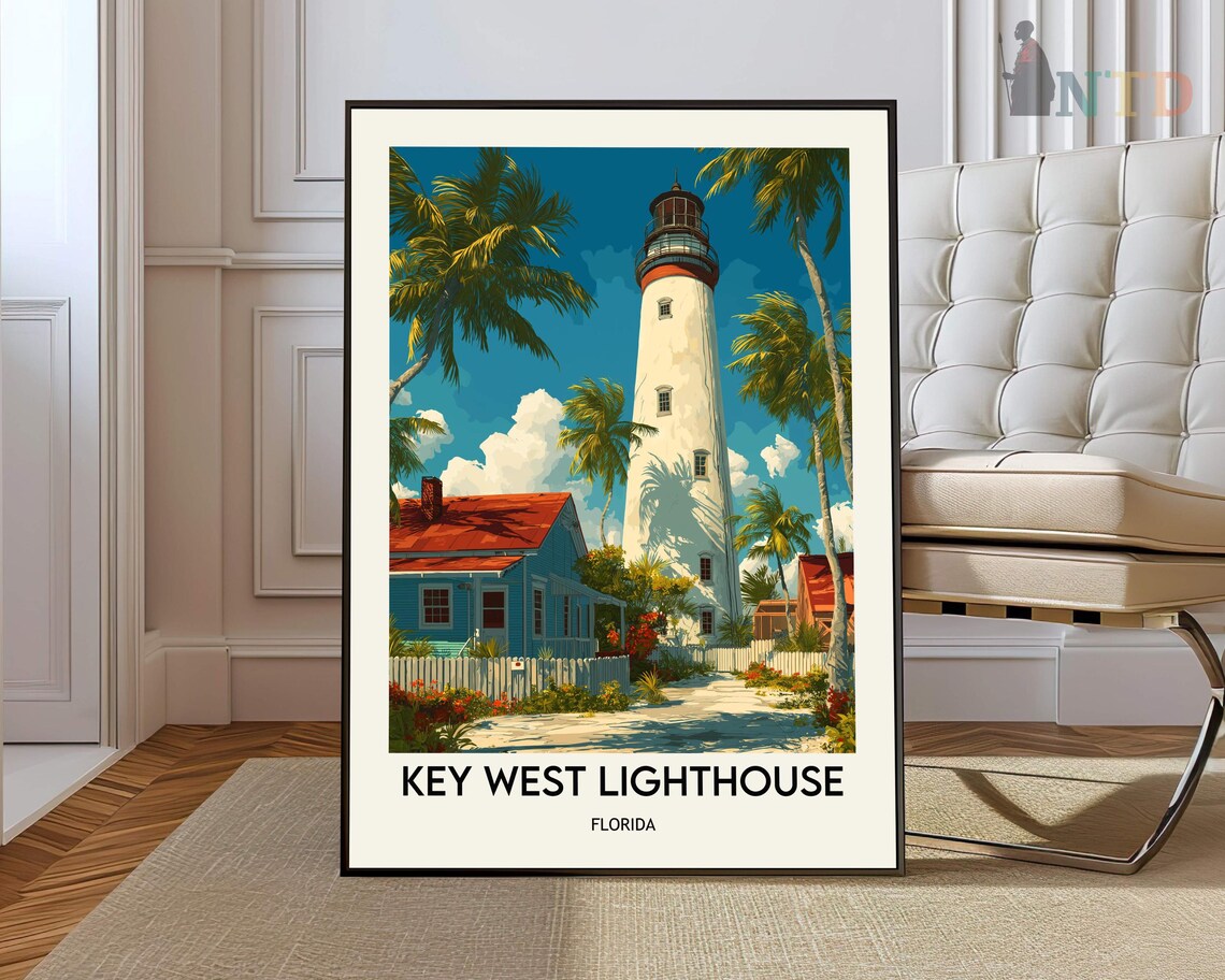 Key West Lighthouse Florida White Tower Keeper House Palm Trees Travel Scene Poster