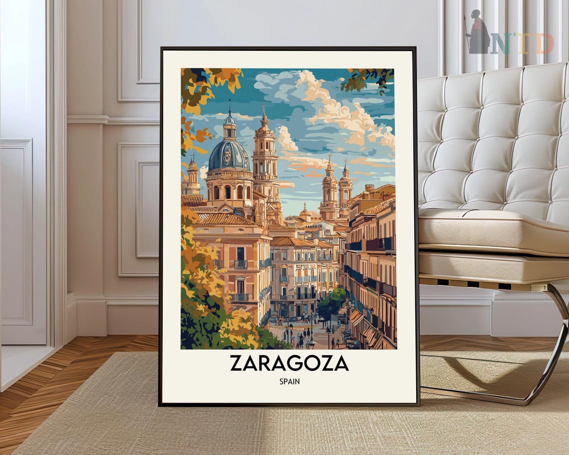 Zaragoza Spain Painted Cathedral Dome Old Town Street Travel Poster