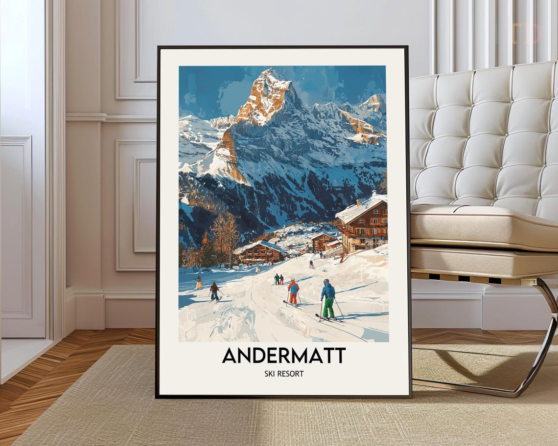 Andermatt Switzerland Ski Resort Dramatic Peak Vintage Ski Poster