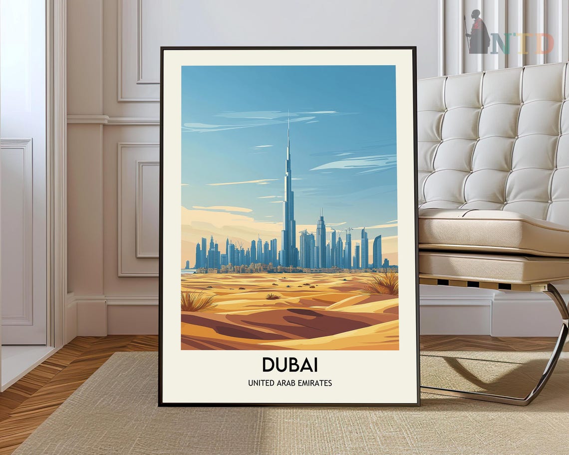 Dubai Skyline with the Burj Khalifa Rising Above Desert Dunes Poster
