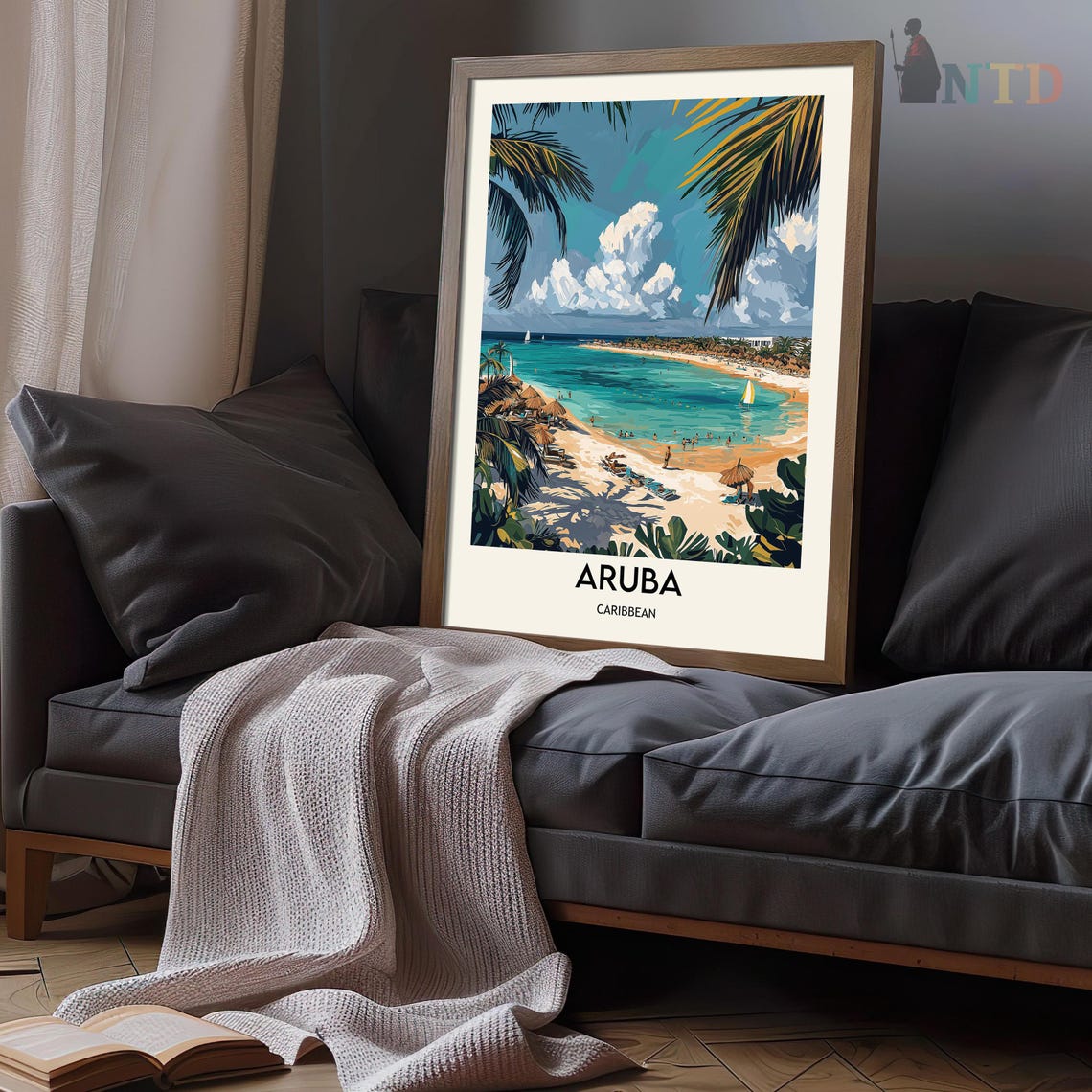 Aruba Caribbean Curved Bay Beach Palm Trees Tropical Travel Poster - Image 3